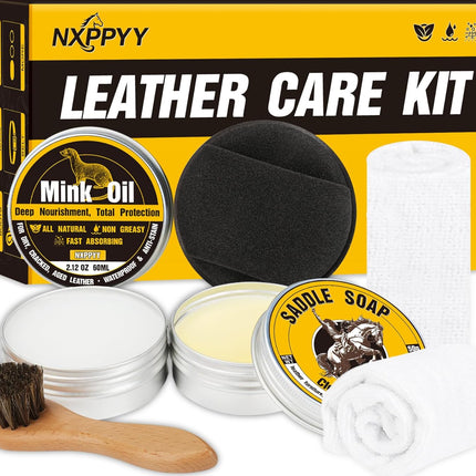 Leather Boot Care Kit, Mink Oil & Saddle Soap for Leather Cleaning & Leather Boots, 6-in-1 Leather Shoe Care Kit, Leather Cleaner and Conditioner for Purses, Shoes, Boots, Couch, Car