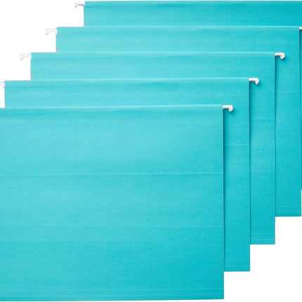 Amazon Basics Hanging File Folders with Adjustable Tabs for Document Organization, Letter Size, Aqua, 25-Pack