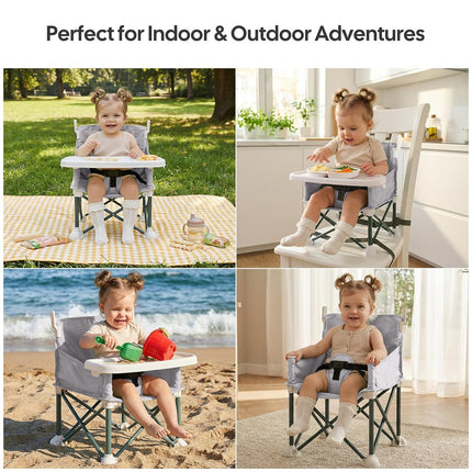 Portable Baby Booster Seat with Removable Tray & Canopy - 3 Point Safety Harness, Compact Fold for Travel, Indoor Outdoor Use for Infants & Toddlers, Gray