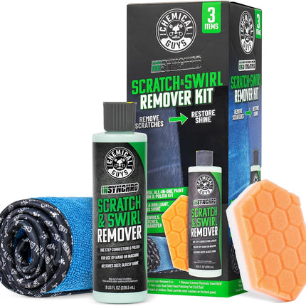 Chemical Guys Insynchro Scratch & Swirl Remover (8 oz) - Kit with Hex Logic Dual Sided Hand Polishing Pad and Monster Extreme Microfiber Towel for Paint Restoration and Gloss Enhancement