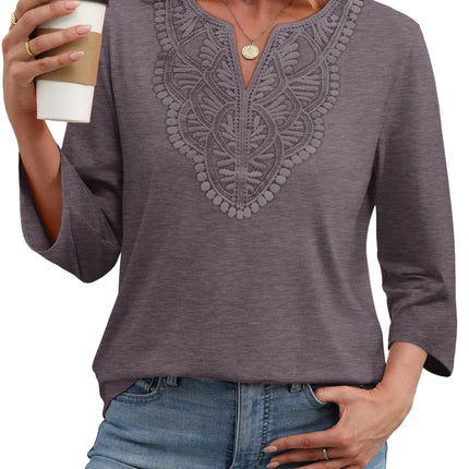 3/4 Length Sleeve Womens Tops Boho V Neck Lace Shirt Blouses Casual Vacation Clothes S-3XL