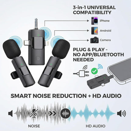 Wireless Lavalier Microphone for iPhone iPad Android Camera, 3-in-1 Universal Receiver Dual Wireless Microphones, 8H Battery Noise Reduction Lapel Mic for YouTube TikTok Video Recording Vlog