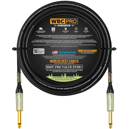 20 Foot - WBC-PRO-Guitar – 20 AWG - Low-Cap (18pF/ft) – Pro-Grade – Graphite-Based - Dual-Shielded Guitar, Bass, Instrument Cable with Amphenol QM2P-AU ¼ Inch (6.35mm) Gold TS Connectors