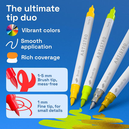 ARTISTRO 24 Acrylic Paint Markers - Paint Pens for Drawing, Brush + Fine Tips - For Fabric, Rock, Glass, Wood, DIY - Art & Craft Supplies for Adults, Teens, Kids - Teacher Appreciation Gift