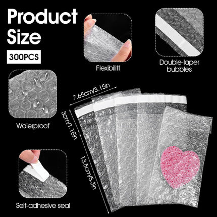 SHENLIU 300 Pcs 3 x 5 Inch Plastic Bubble Wrap Bags, Double Self Sealing Small Bubble Pouch Bag Shockproof Protective Bag for Moving and Storage Shipping Packaging Small Business