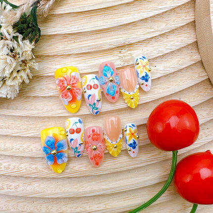 30Pcs Summer Press on Nails Medium Almond 3D Lemon French Tip Fake Nails with Gold Beads Summer Fruit Acrylic Nails 3D Flower False Nail Kit Blueberry Cherry Flowers Full Cover Glue on Nails for Women