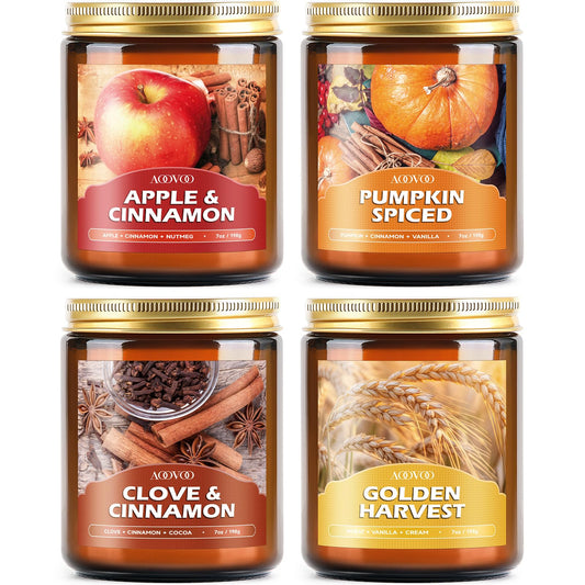 Fall Candles Set - 4 Pack Candles for Home Scented, 28 oz Natural Soy Wax 200 Hour Long Lasting