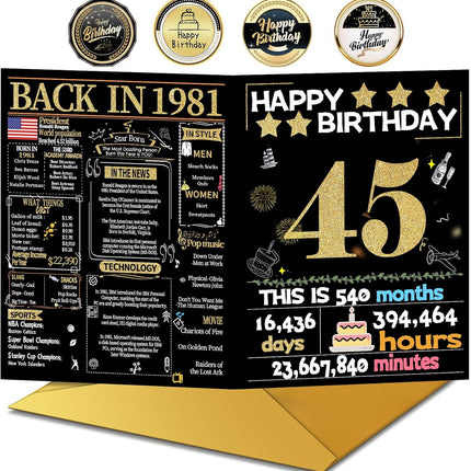 Joycard 45th Birthday Card with Envelope, 45th Birthday Decorations for Women Men, 45th Birthday Gifts for Her Him, Happy Birthday Cards for 45 Year Old Wife Husband, Back in 1981