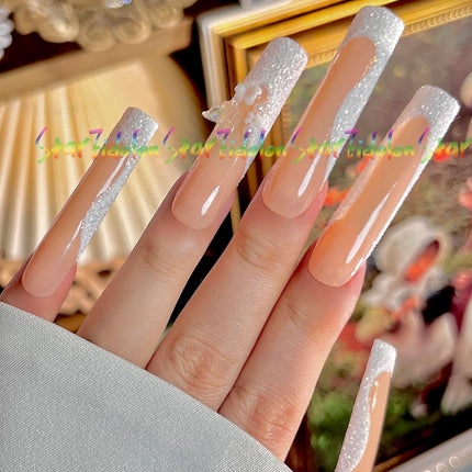 HAND-PAINTED White False Nails Set Coffin Press on Nails Pressons Kit Medium Length Stick on Nails Shoot Nail Art Short Nails with Nail Glue on Nails Square, Long Almond Nail (K26, Medium)