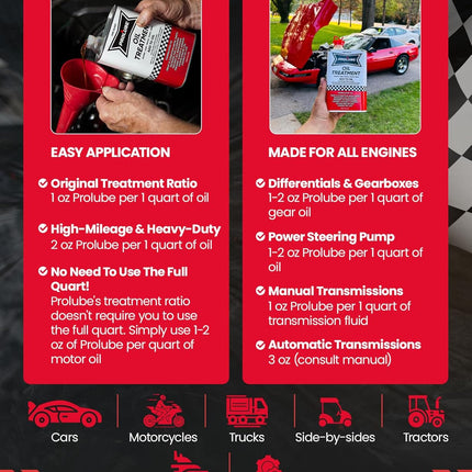 Prolube Oil Treatment - Engine Oil Additive for Gas & Diesel Engines - Reduces Wear, Noise, Vibration - Boosts Fuel Economy & Horsepower - Works on Transmissions & Differentials (1QT)