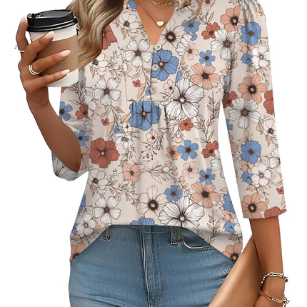 3/4 Length Sleeve Womens Tops Dressy Casual Henley V-Neck Summer Tops