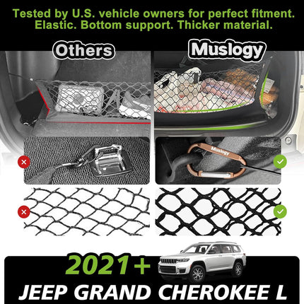 Muslogy Truck Bed Cargo Net Trunk Netting Compatible with 2021-2025 2026 Jeep Grand Cherokee L (3-Row GCL) Accessories, Pickup Cargo Organizer SUV Sedan Storage Net w/Heavy Duty Carabiners