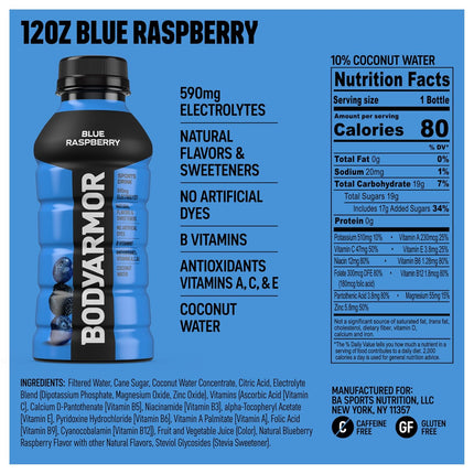BODYARMOR Sports Drink, Blue Raspberry, Electrolyte Drink Hydration, 12 Fl Oz Bottles (8 Pack), Flavored Coconut Water with B Vitamins & Antioxidants