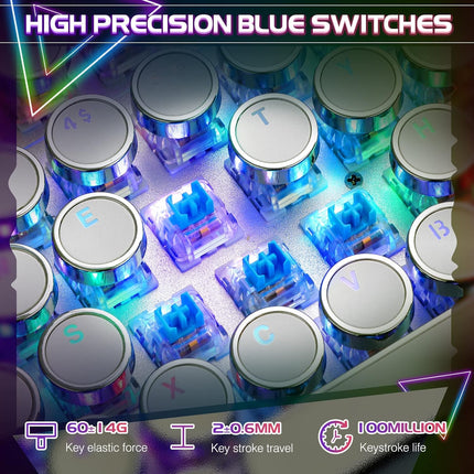 Typewriter Style Mechanical Gaming Keyboard RGB Backlit Wired with Blue Switch Retro Round Keycap 104 Keys Keyboard (R-White)