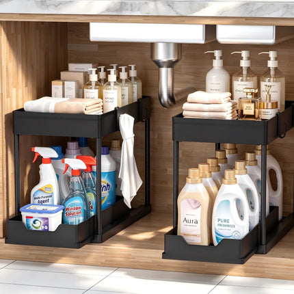 Under Sink Organizer 2 Pack, Bathroom Cabinet Organizer, 2 Tier Sliding Cabinet Basket Organizer Drawer, Multi-Purpose Bath Collection Baskets for Bathroom (Black)