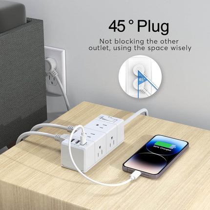 5Ft Outlet Extender Power Strip - Tcstei Flat Plug Extension Cord with 6 Outlets and 3 USB Ports(1 USB C), 3 Side Wall Mount Outlet Extender for Home Dorm Room Essentials, White