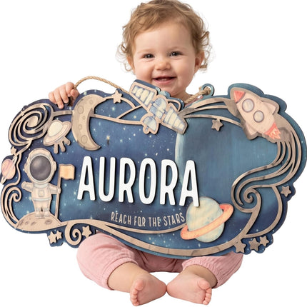 Custom Space Explorer Nursery Name Sign - Personalized Wooden Baby Name Sign with Astronaut & Planets - 3D 2-Layer Birch Wood Wall Decor for Boy & Girl Room, Unique Galaxy Gift