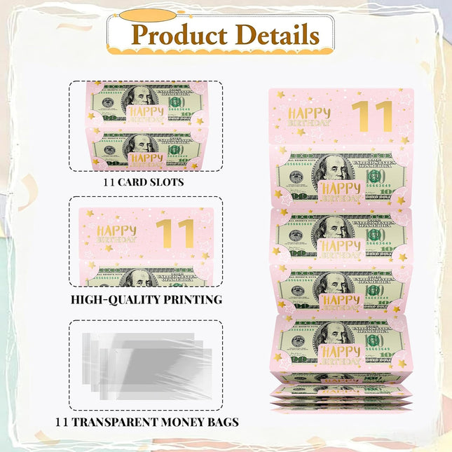 Pink 11th Birthday Money Envelope for Cash Gift Holder with Greeting Card