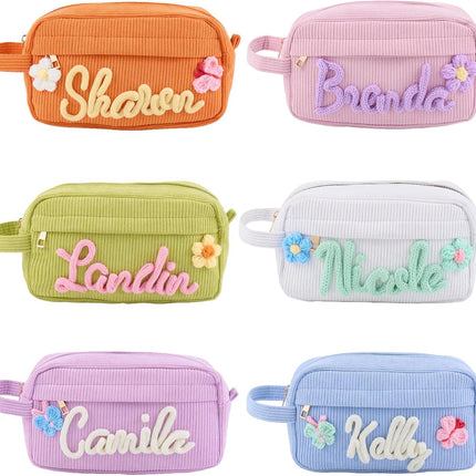 Personalized Makeup Bag with Name, Custom Embroidered Cosmetic Bag for Women Girls, Initial Quilted Corduroy Makeup Bags,Travel Toiletry Pouch, Gifts for Bride Bridesmaid, Birthday, Wedding
