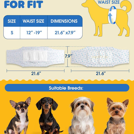 Powools Male Dog Wraps - 96 Count Disposable Dog Diapers Small Size with Wetness Indicator, Leakproof & Comfortable, Highly Absorbent Belly Bands for Training, Incontinence, Travel, Small