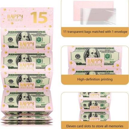 Pink 15th Birthday Money Envelope for Cash Gift Holder with Greeting Card for Girl Women Surprise Gift Idea with Clear Plastic Bag