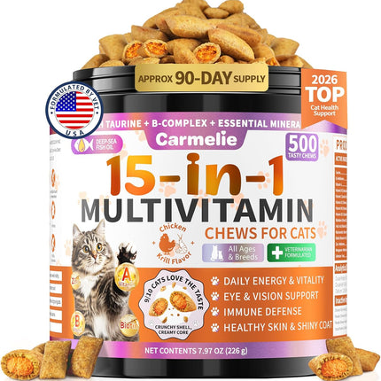 Taurine for Cats Vitamins Treats, 15 in 1 Cat Multivitamin Support Joint, Skin Coat, Digestion, Immunity & Energy, 500 Crunchy & Creamy Chews with Essential Vitamin for Cats All Ages (90-Day Supply)