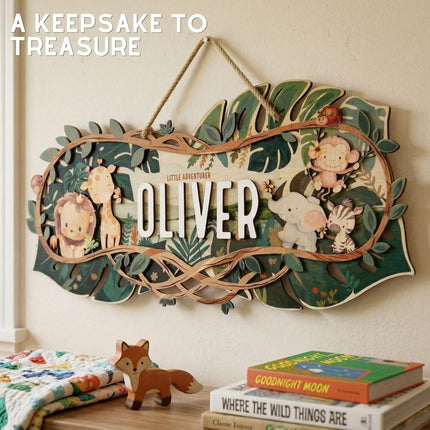 Custom Safari Nursery Name Sign - Personalized Wooden Baby Name Sign with Jungle Animals - 3D 2-Layer Birch Wood Wall Decor for Boy & Girl Room, Unique Gift for Baby Shower