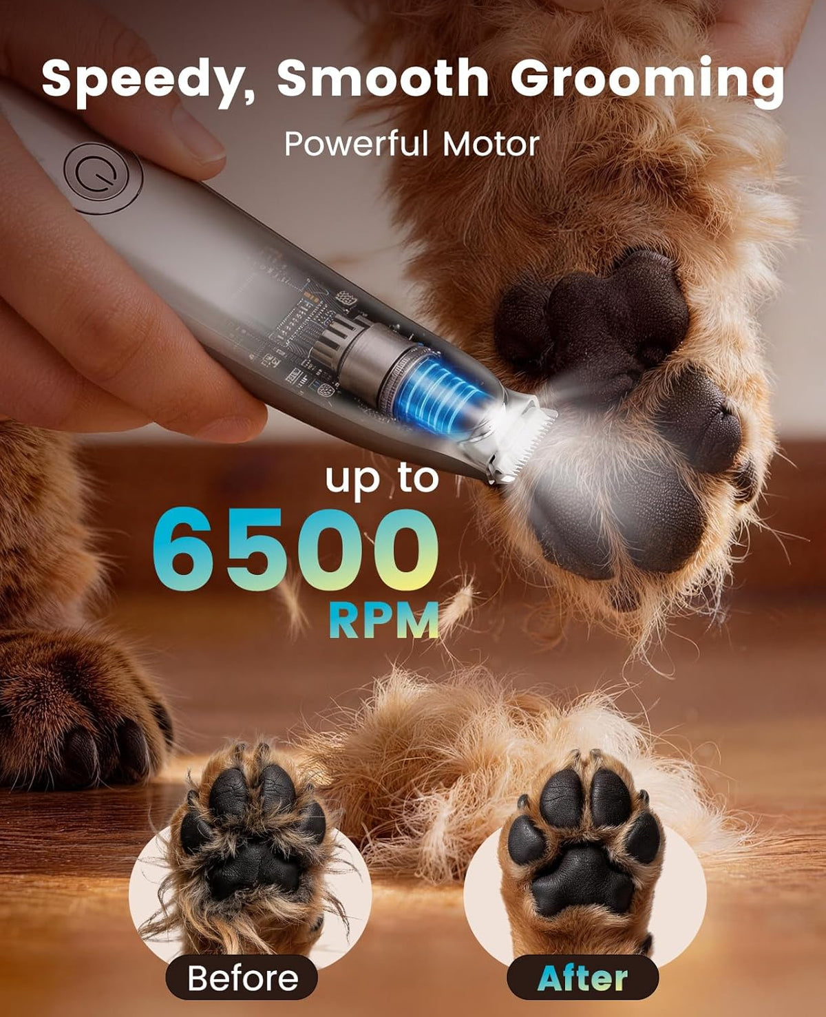 Dog Paw Trimmer, 2-Speed Low-Noise Cordless Pet Grooming Clipper with LED Light - photo 2
