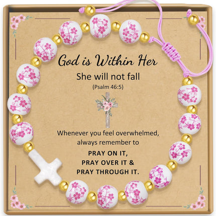 Sereney Cross Bracelet as First Holy Communion Gifts for Girls, Pink Flower Religious Bracelet as Christian Catholic Gifts Easter Basket Stuffers, 1st Communion Baptism Confirmation Gifts for Girl