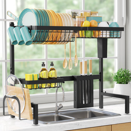 Over The Sink Dish Drying Rack - Adjustable 2 Tier Large Capacity Stainless Steel Drainer with Cutlery & Utensil Holders, Kitchen Storage & Organization, 30"-33.9" L x 11" W x 21.5" H, Black