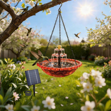 2026 Solar Cascade Hanging Bird Bath Fountain, Hanging Solar Birdbath with Plastic Bowl, 2-in-1 Birdbath & Water Station, 8 Spray Modes Hummingbird Bath for Outdoor Garden Patio