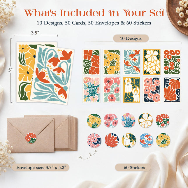Blank Cards with Envelopes, Modern Abstract Flowers 50 Pack - photo 2
