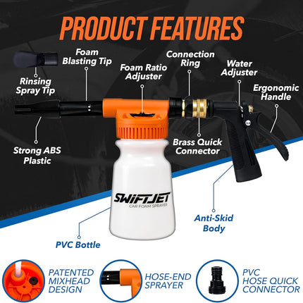 SwiftJet Car Wash Foam Gun + Microfiber Wash Mitt - Foam Cannon Works with Any Soap - Garden Hose Car Foam Sprayer - Car Wash Kit - Car Accessories Foam Blaster (Orange Foam Gun with Mitt)
