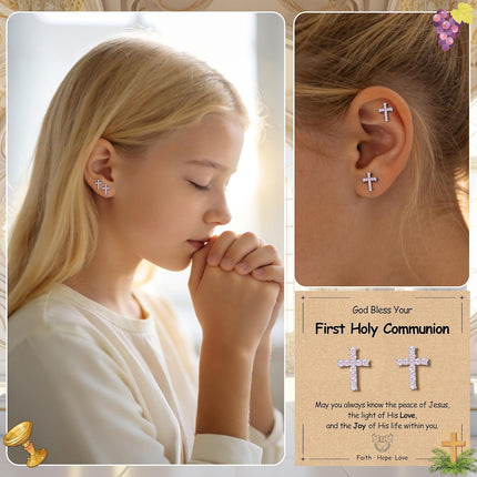Sereney Cross Earrings for Girls Women, First Communion Gifts Hypoallergenic Gold Pink Cross Stud Earring for Christian Confirmation,1st Holy Communion Earrings Catholic Jewelry as Baptism Decorations