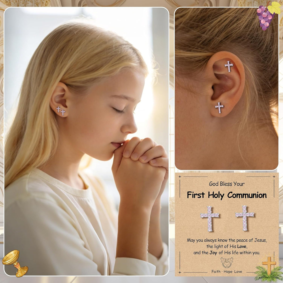 Cross Earrings for Girls Women, First Communion Gifts Hypoallergenic Gold Pink Cross Stud Earring for - photo 5