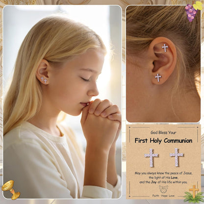 Cross Earrings for Girls Women, First Communion Gifts Hypoallergenic Gold Pink Cross Stud Earring for - photo 5