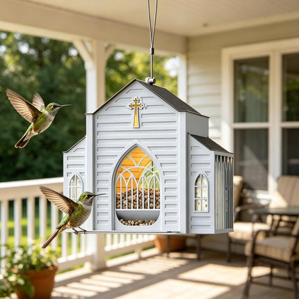 Church Shaped Bird Feeder with Solar Light Metal Hanging Outdoor Solar Bird Feeders Birds Feeding Station for Garden Yard Decor