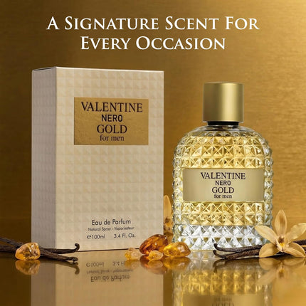 URBAN COLLECTION Valentine Nero Gold Cologne for Men, Warm Spicy Woody Fragrance, Amber Vanilla Perfume de Hombre with Powdery Notes, Long Lasting Masculine Scent, 3.4 oz / 100ml