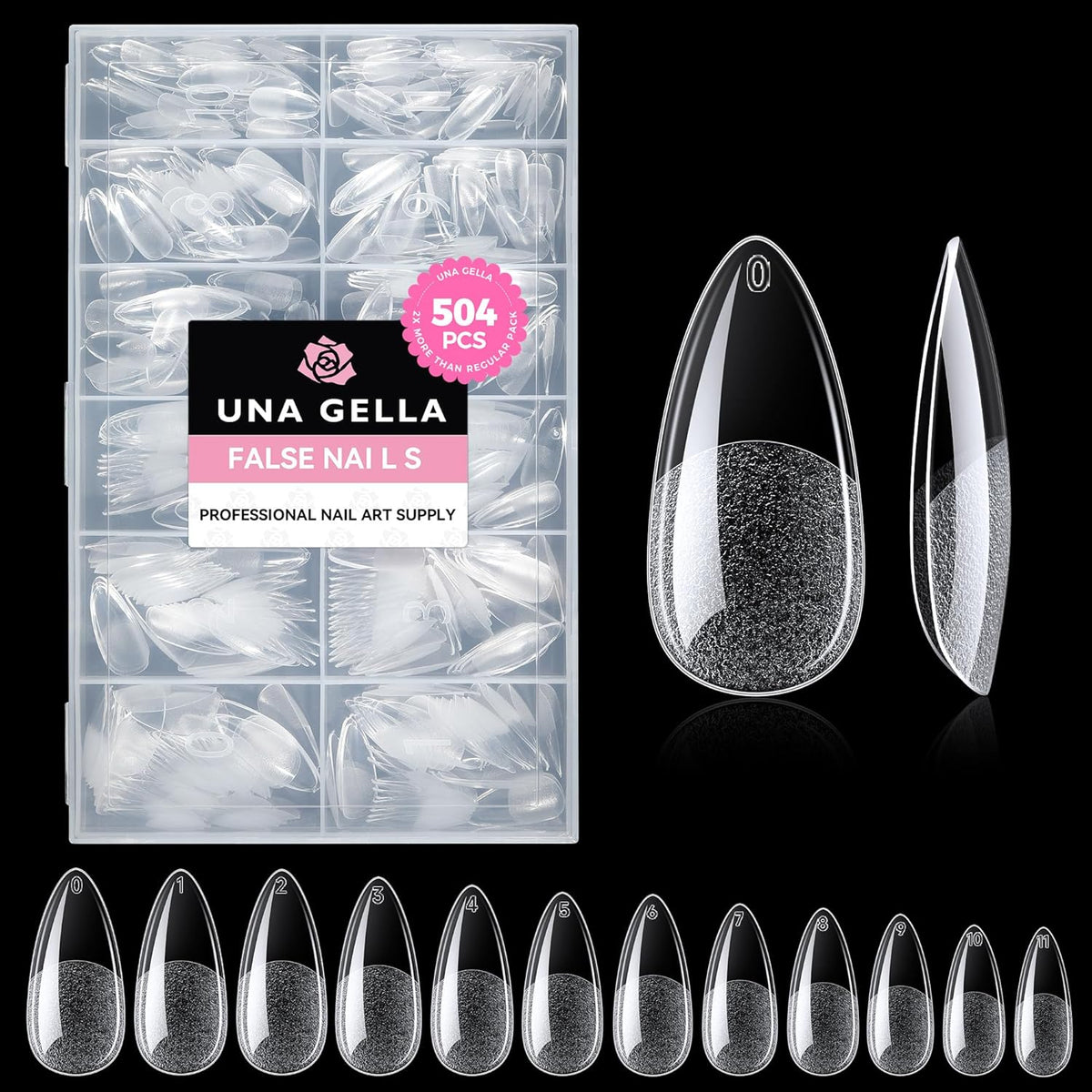 Almond Gel Nail Tips, 504PCS Pre Etched Clear Fake Nails Tips Medium Almond Shape - 12 Sizes Full Cover Soft Acrylic