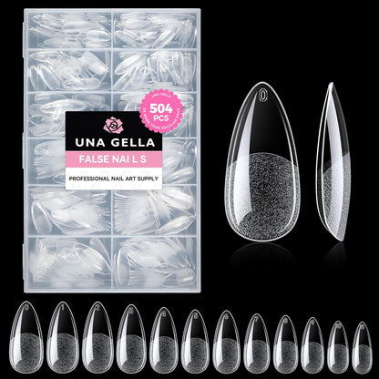Almond Gel Nail Tips, 504PCS Pre Etched Clear Fake Nails Tips Medium Almond Shape - 12 Sizes Full Cover Soft Acrylic