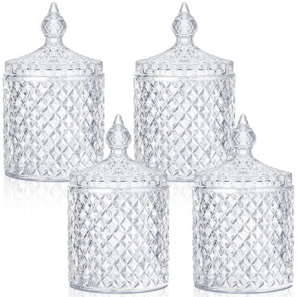 4 Pcs Crystal Glass Candy Jar Set with Lids Home Decorative Storage Jars for Apothecary, Bathroom, Kitchen, and Pantry, Ideal for Cotton Swabs and Jewelry (Medium,Green)