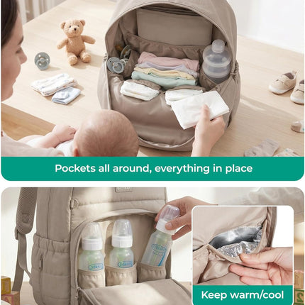 BAGSMART Diaper Bag Backpack, Multi-Pocket Puffy Diaper Bag with Waterproof Changing Pad, Lightweight Stroller-Friendly Diaper Bag with Insulated Pockets, Easy-Access Baby Essential, Camel