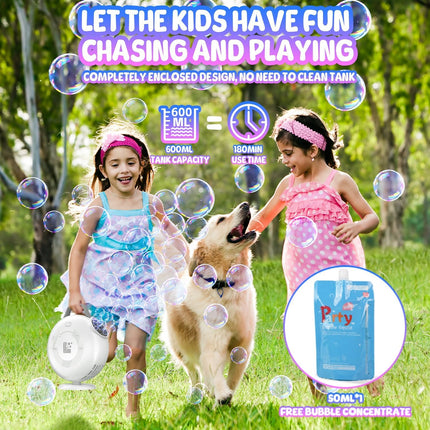 Bubble Machine, Automatic Bubble Blower for Kids Toddlers, 7600+ Bubbles Per Minute, 90° 200° Oscillating Electric Plug-in or Batteries Bubble Maker Toys for Outdoor Birthday Party - White