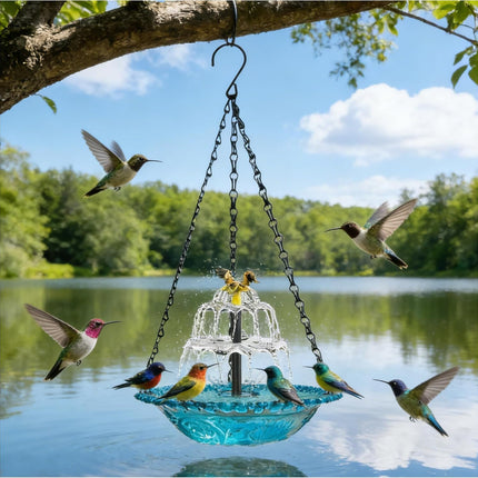 Solar Cascade Hanging Bird Bath, 3-Layer Powered Birdbath Water Fountain, Outdoor Water Dispenser for Hummingbirds, Hummingbird Bath Shower Bowl for Garden Yard, Blue