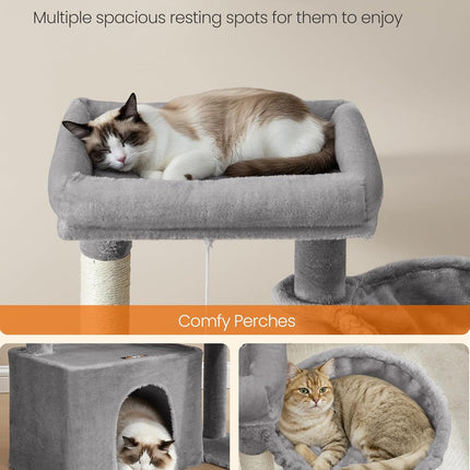 Feandrea Cat Tree, Cat Tower Condo with Scratching Posts and Ramp, 2 Large Perches, Cave, Basket, 33.8 Inches Tall, Dove Gray UPCT013GD02S