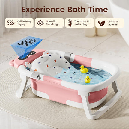 Baby Bathtub,Foldable Baby Bath Tub for Newborn to Toddler (0-18 Months) – Collapsible Infant Tub for Travel with Thermometer, Soft Cushion,Pink