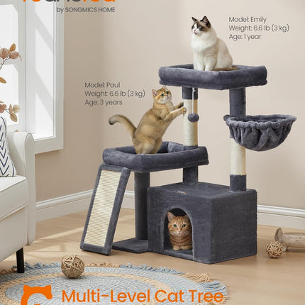 Feandrea Cat Tree, Cat Tower Condo with Scratching Posts and Ramp, 2 Large Perches, Cave, Basket, 33.8 Inches Tall, Dark Gray UPCT013GS02S