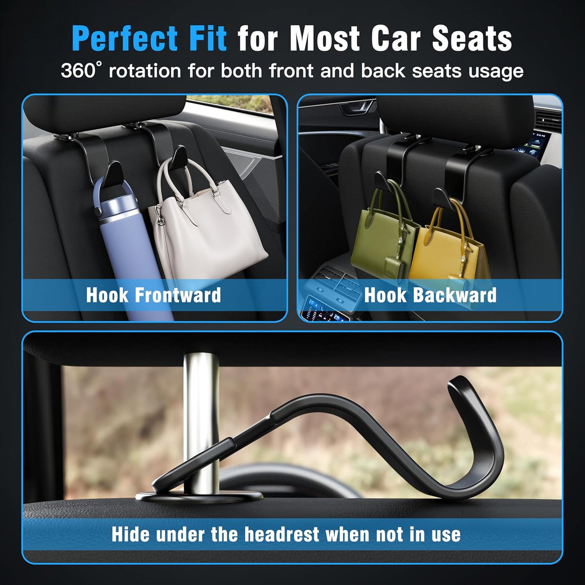 Car Seat Headrest Hook 4 Pack Hanger Storage Organizer Universal for Handbag Purse Coat fit Universal - photo 4