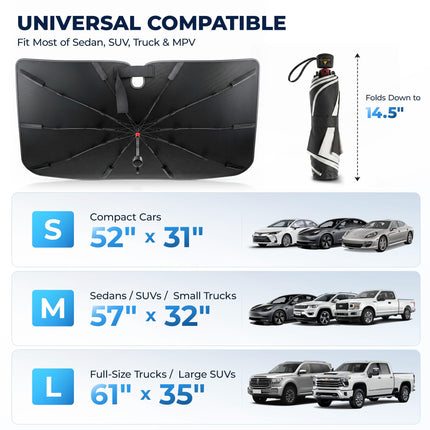 Umbrella Windshield Sun Shade for Car & SUV, Car Sunshade for Front Windshield [Nano Ice-Crystal Coatings] UPF50+ Heat & UV Block, Protect Interior & Keep Cooler Universal for Most of Sedan & SUV