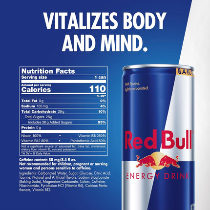 Red Bull Energy Drink with 80mg Caffeine plus Taurine & B Vitamins, 8.4 Fl Oz, Pack of 4 Cans
